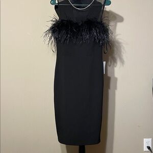 Eliza J Elegant Black Strapless Dress with Feather Trim